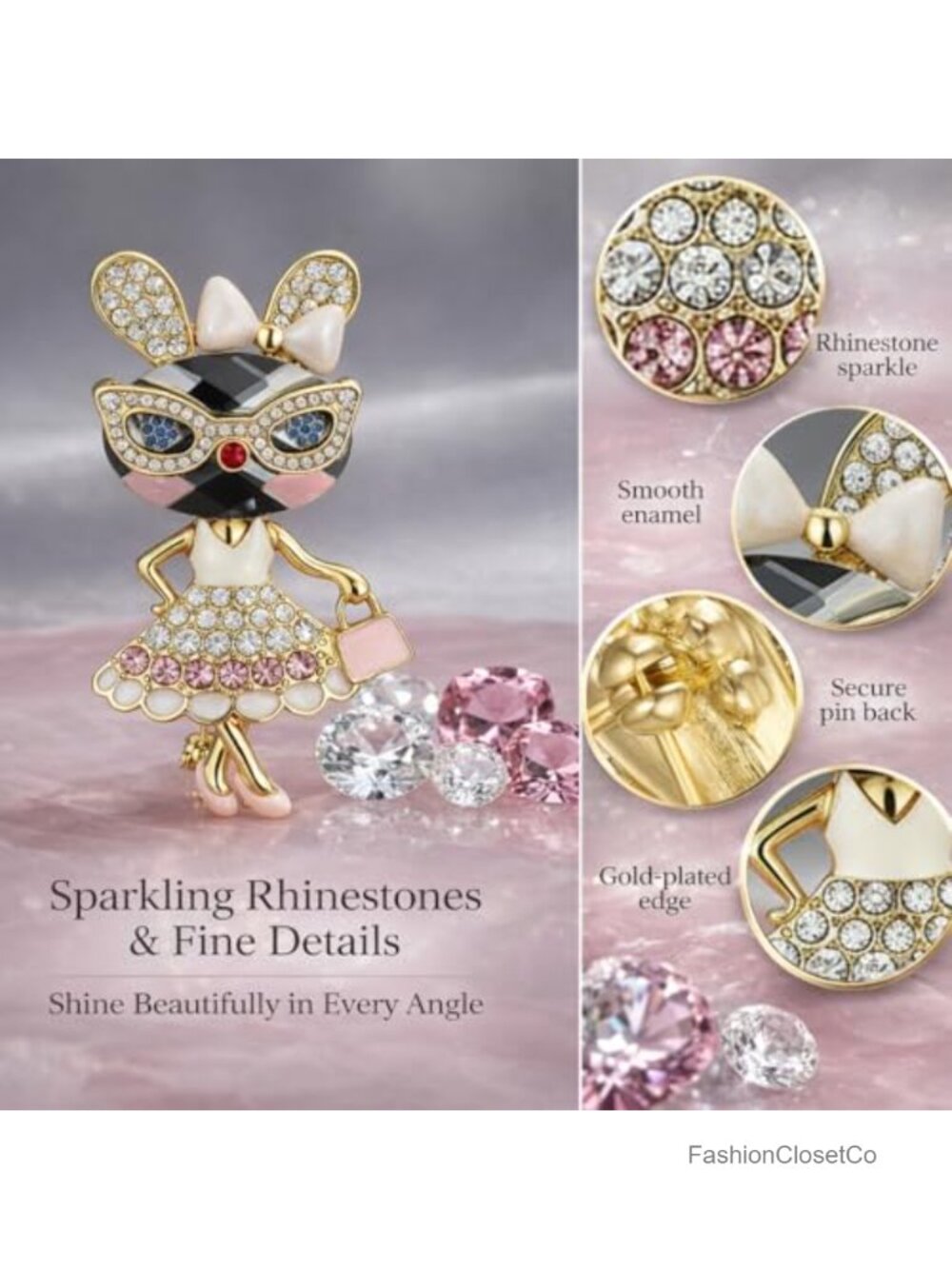 Gold Plated Rhinestone Bunny Brooch Pin Easter Spring Accessory - Picture 3 of 6